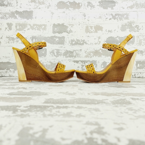 Naya Yellow & Brown Strap Open Toe High Heels Wedges Sandals V634 - Picture 6 of 14